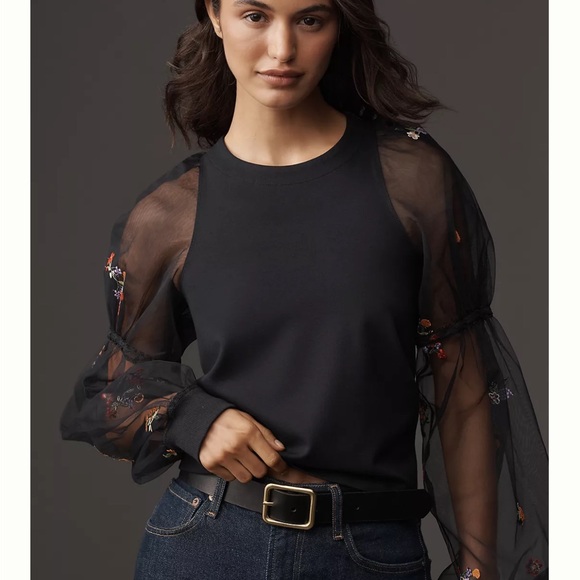 Tops - Maeve Embroidered Sheer-Sleeve Blouse NWT